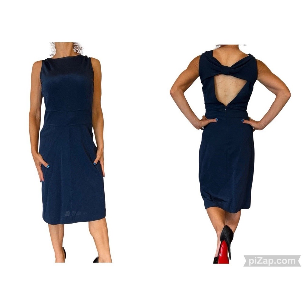 VALENTINO ROMA Women's 42/6 Dress Navy Blue Sheath Sleeveless Open Back Bow Midi